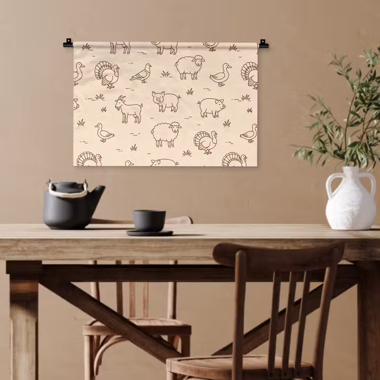 Wandteppich - Tiere – Muster – Bauernhof – Minimalistisch – Beige — 3
