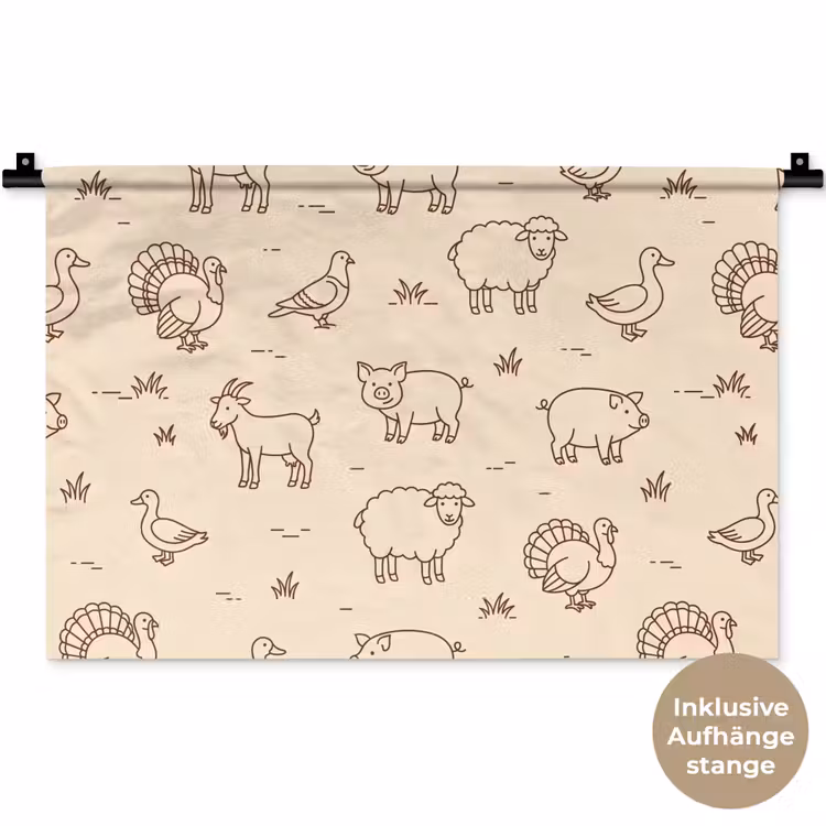 Wandteppich - Tiere – Muster – Bauernhof – Minimalistisch – Beige — 9