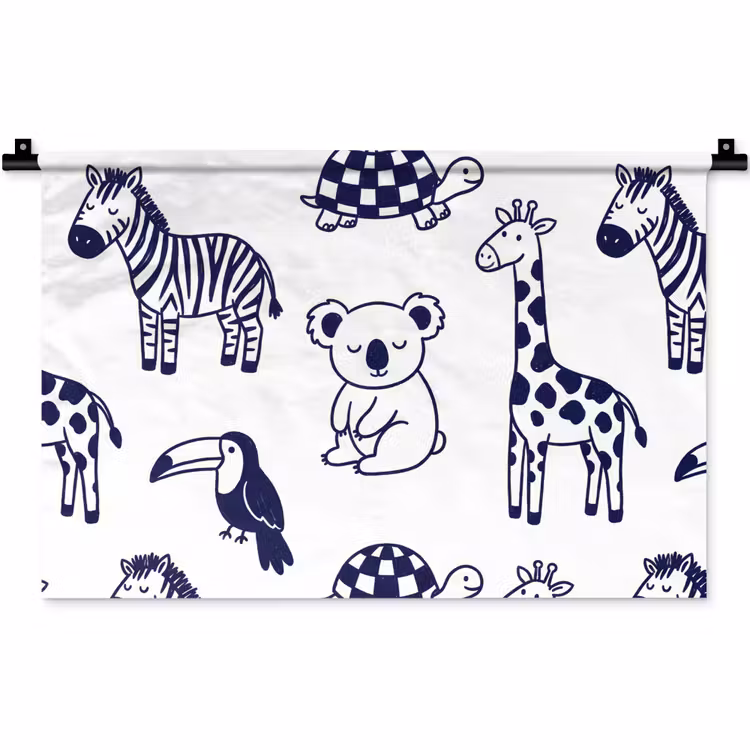 Wandteppich - Tiere – Muster – Kinderzimmer – Grafisch – Weiß-Blau — 1