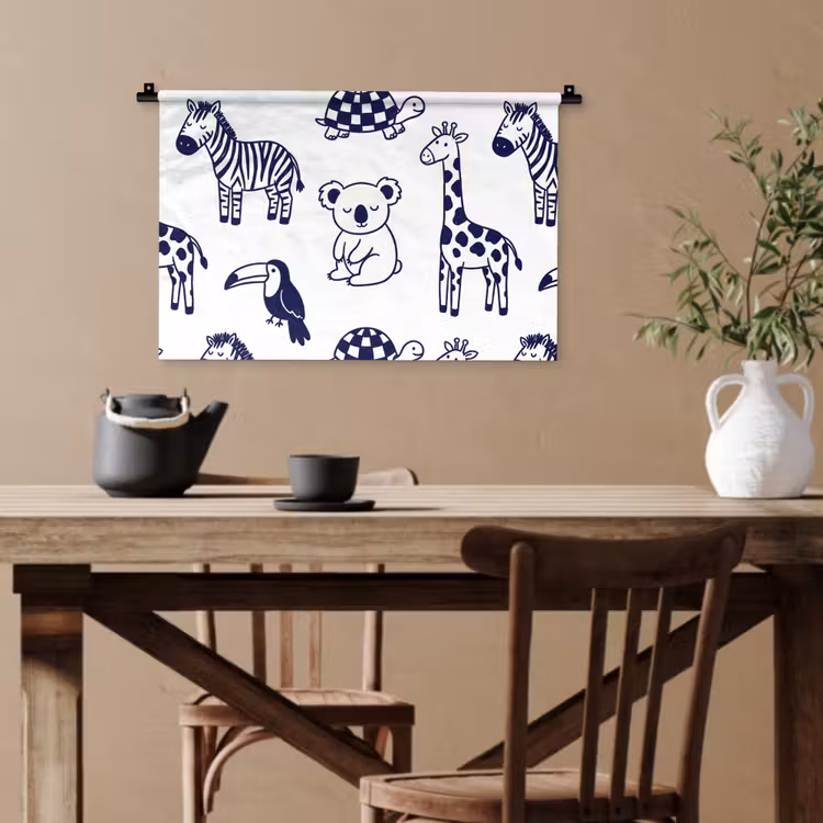 Wandteppich - Tiere – Muster – Kinderzimmer – Grafisch – Weiß-Blau — 3