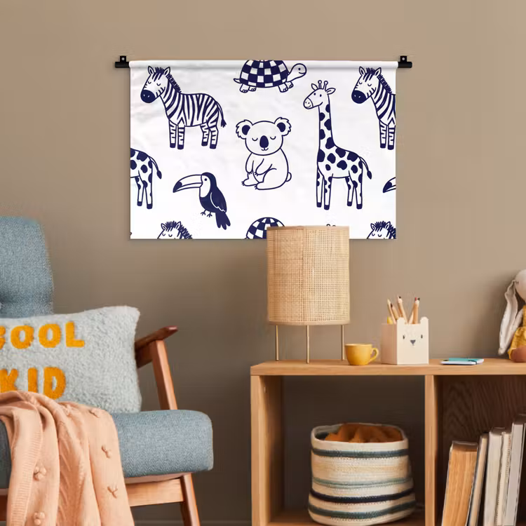 Wandteppich - Tiere – Muster – Kinderzimmer – Grafisch – Weiß-Blau — 5