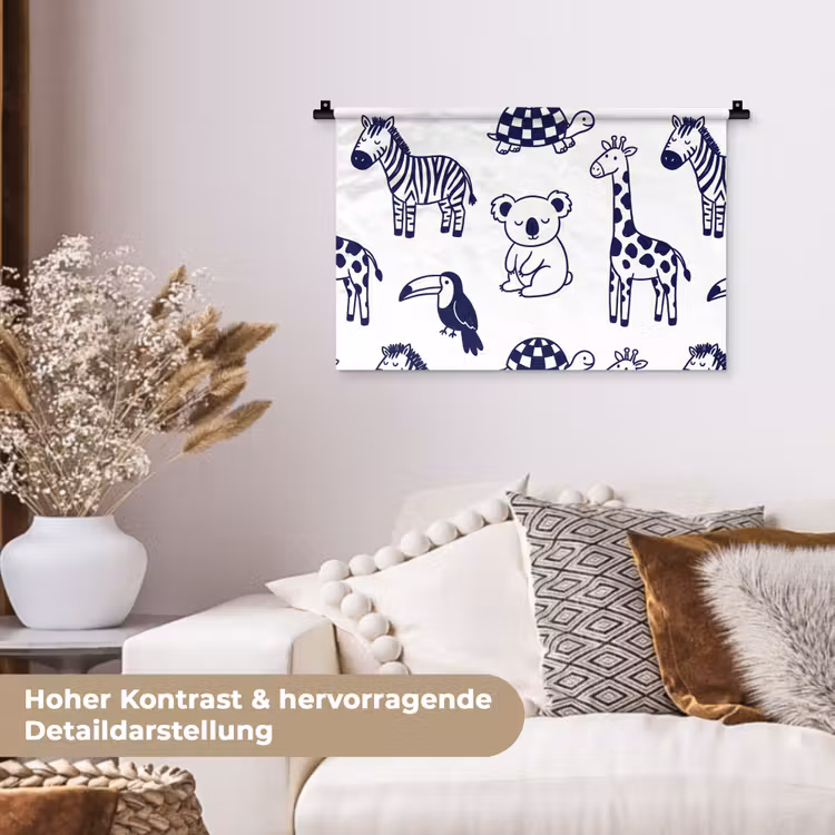 Wandteppich - Tiere – Muster – Kinderzimmer – Grafisch – Weiß-Blau — 6