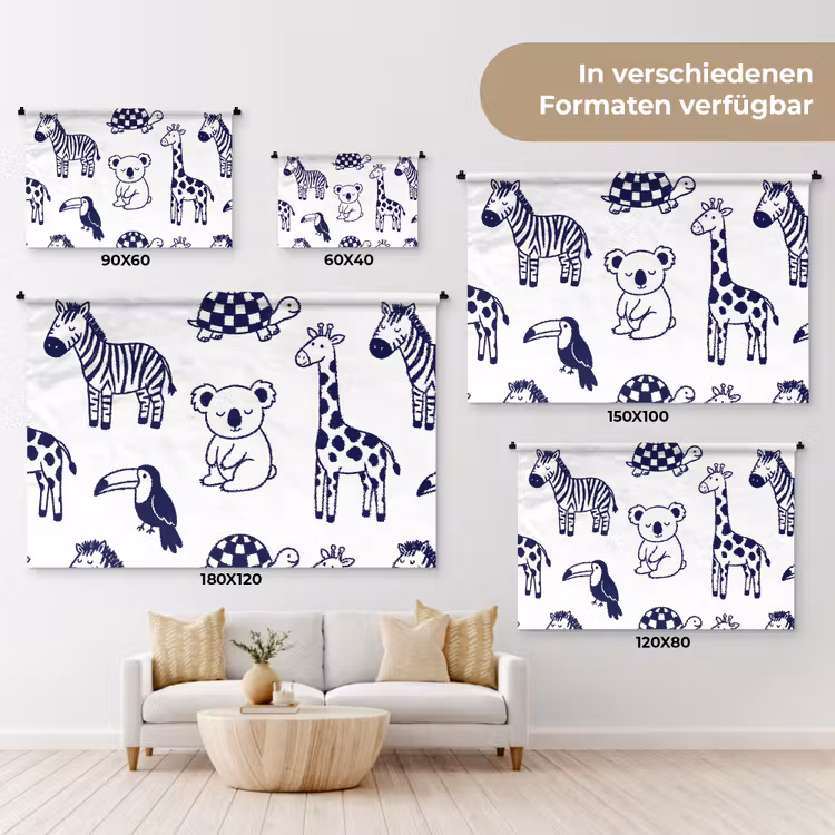 Wandteppich - Tiere – Muster – Kinderzimmer – Grafisch – Weiß-Blau — 8