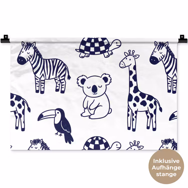 Wandteppich - Tiere – Muster – Kinderzimmer – Grafisch – Weiß-Blau — 9