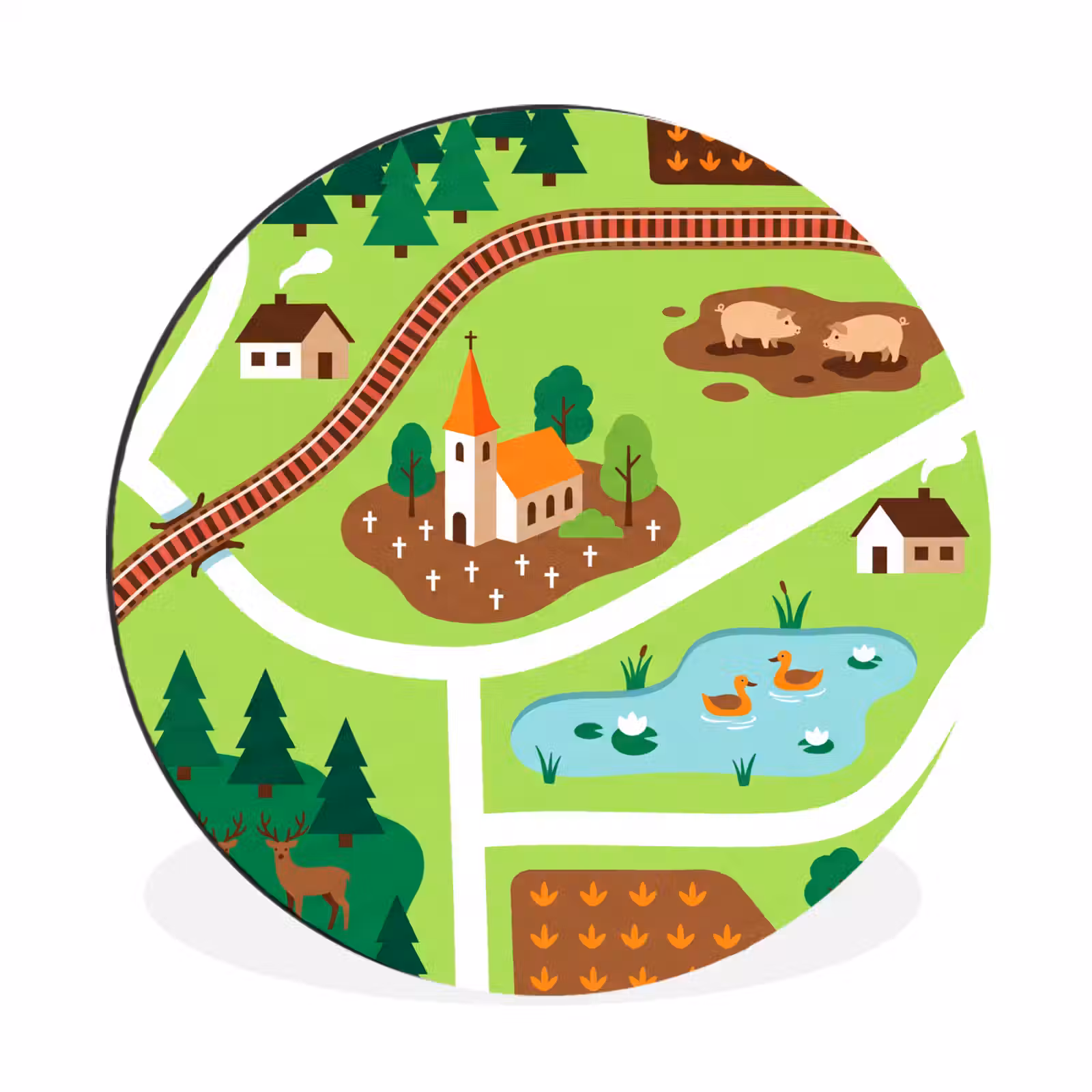 Alu-Dibond-Bild Rund - Landschaft – Tiere – Illustration — 1
