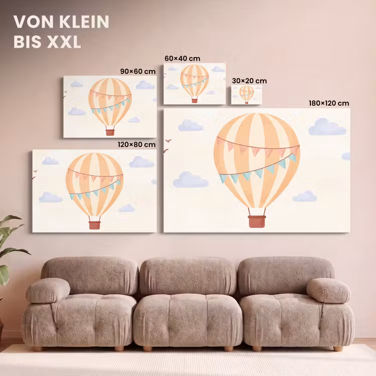 Leinwandbild - Heißluftballon – Wolken – Illustration – Sanft – Kinderzimmer — 6