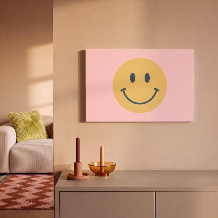 Leinwandbild - Smiley – Gelb – Rosa – Symbol – Minimalistisch — 2