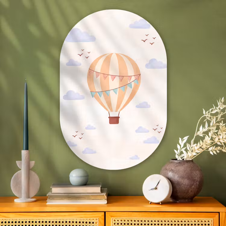 Glasbild Oval - Heißluftballon – Wolken – Illustration – Sanft – Kinderzimmer — 2