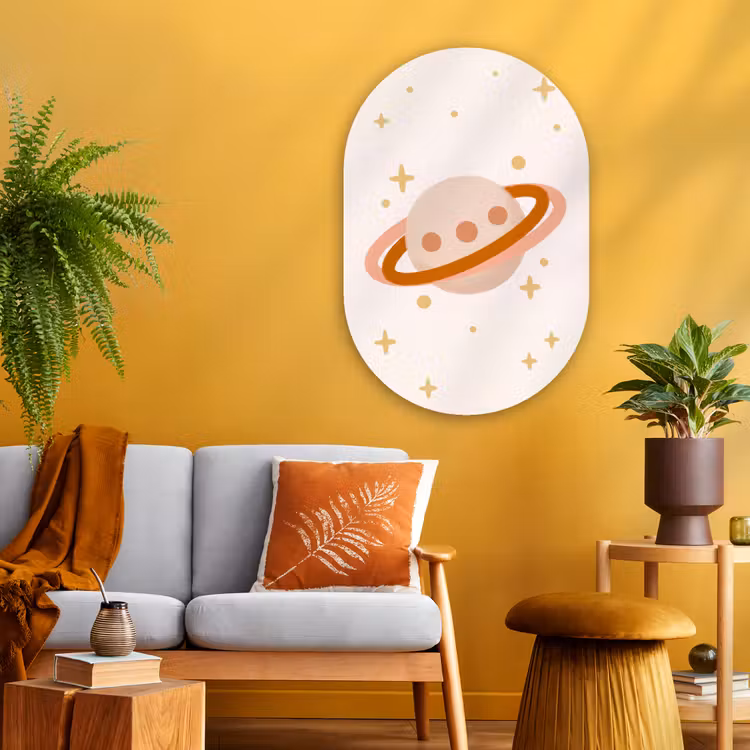 Glasbild Oval - Planet – Ringe – Weltraum – Illustration – Beige — 3
