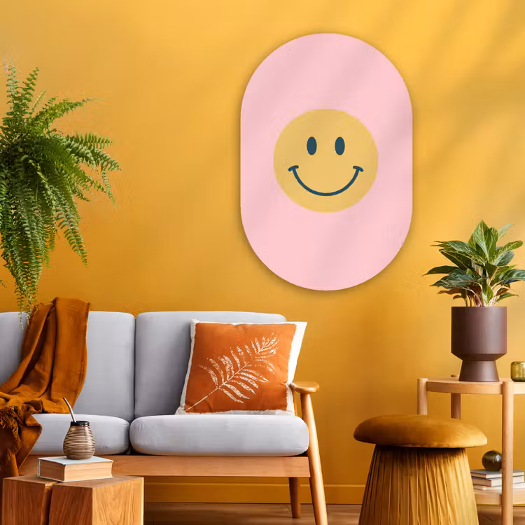 Glasbild Oval - Smiley – Gelb – Rosa – Symbol – Minimalistisch — 3