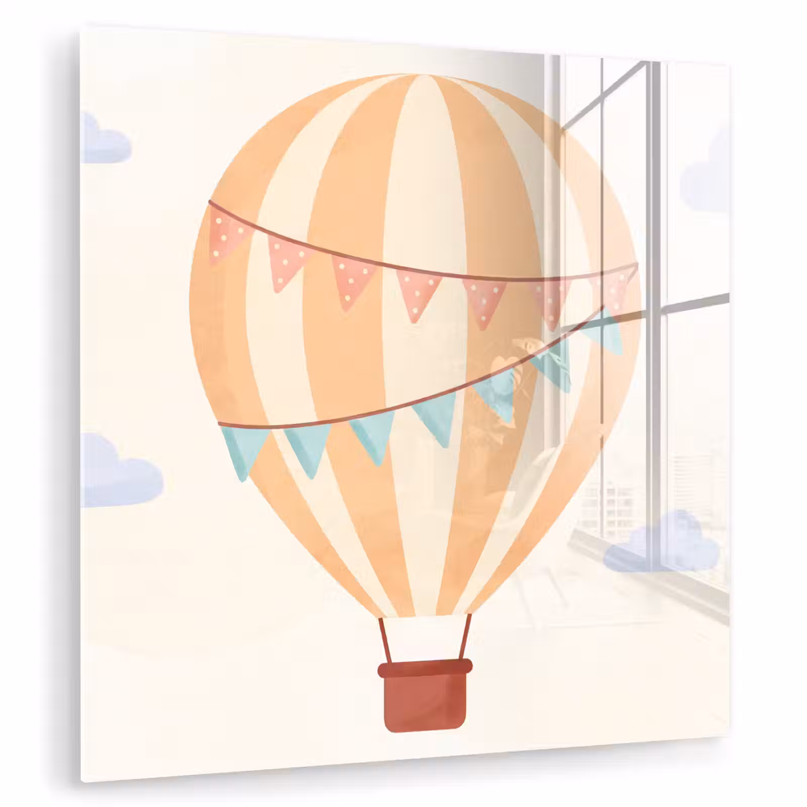 Glasbild - Heißluftballon – Wolken – Illustration – Sanft – Kinderzimmer — 1