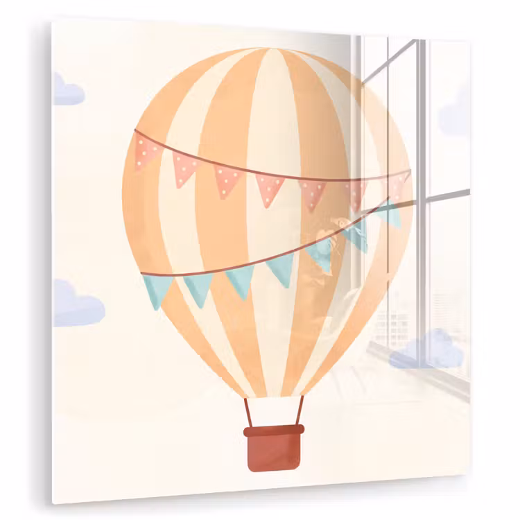 Glasbild - Heißluftballon – Wolken – Illustration – Sanft – Kinderzimmer — 1