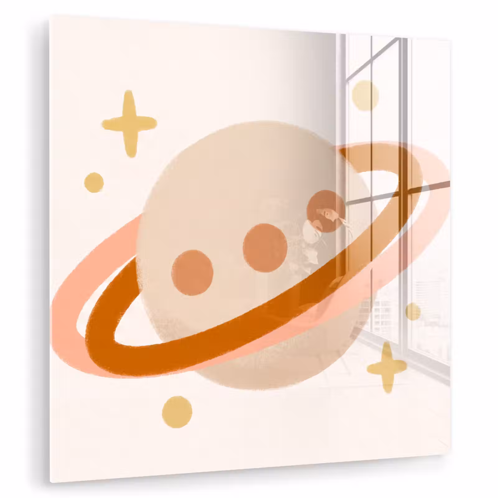Glasbild - Planet – Ringe – Weltraum – Illustration – Beige — 1