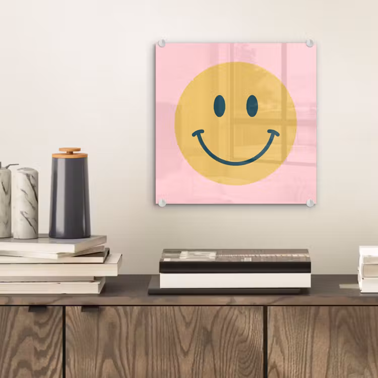 Glasbild - Smiley – Gelb – Rosa – Symbol – Minimalistisch — 2