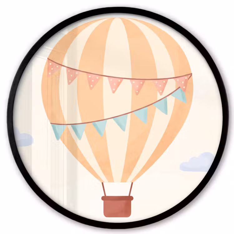 Poster im Rahmen Rund - Heißluftballon – Wolken – Illustration – Sanft – Kinderzimmer — 1