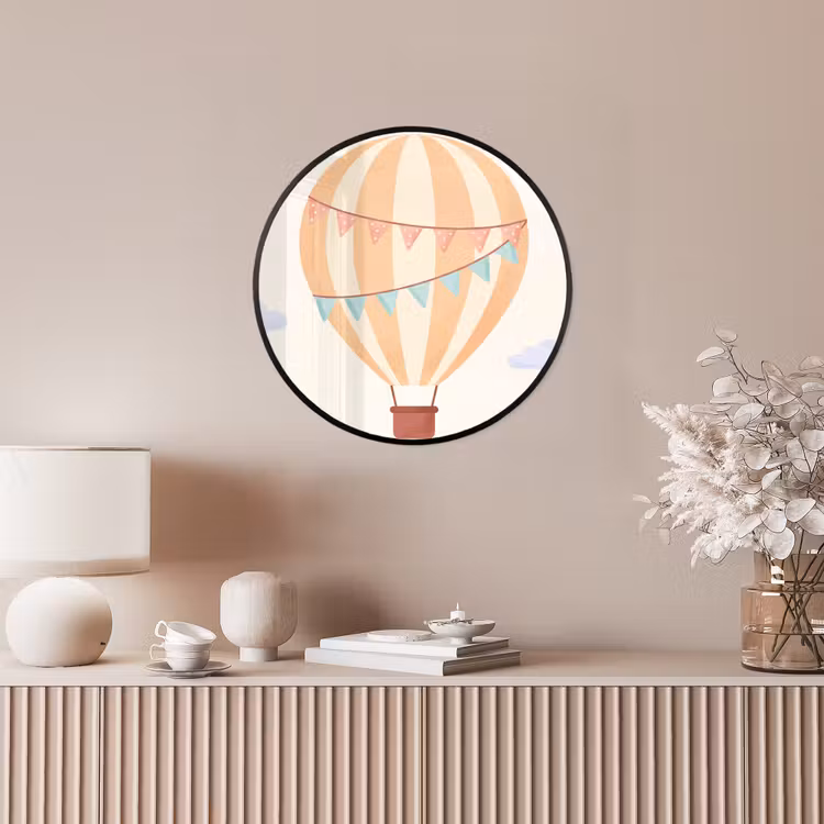 Poster im Rahmen Rund - Heißluftballon – Wolken – Illustration – Sanft – Kinderzimmer — 5