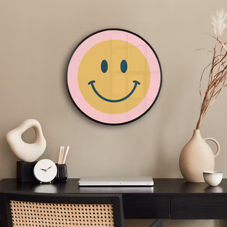 Poster im Rahmen Rund - Smiley – Gelb – Rosa – Symbol – Minimalistisch — 3
