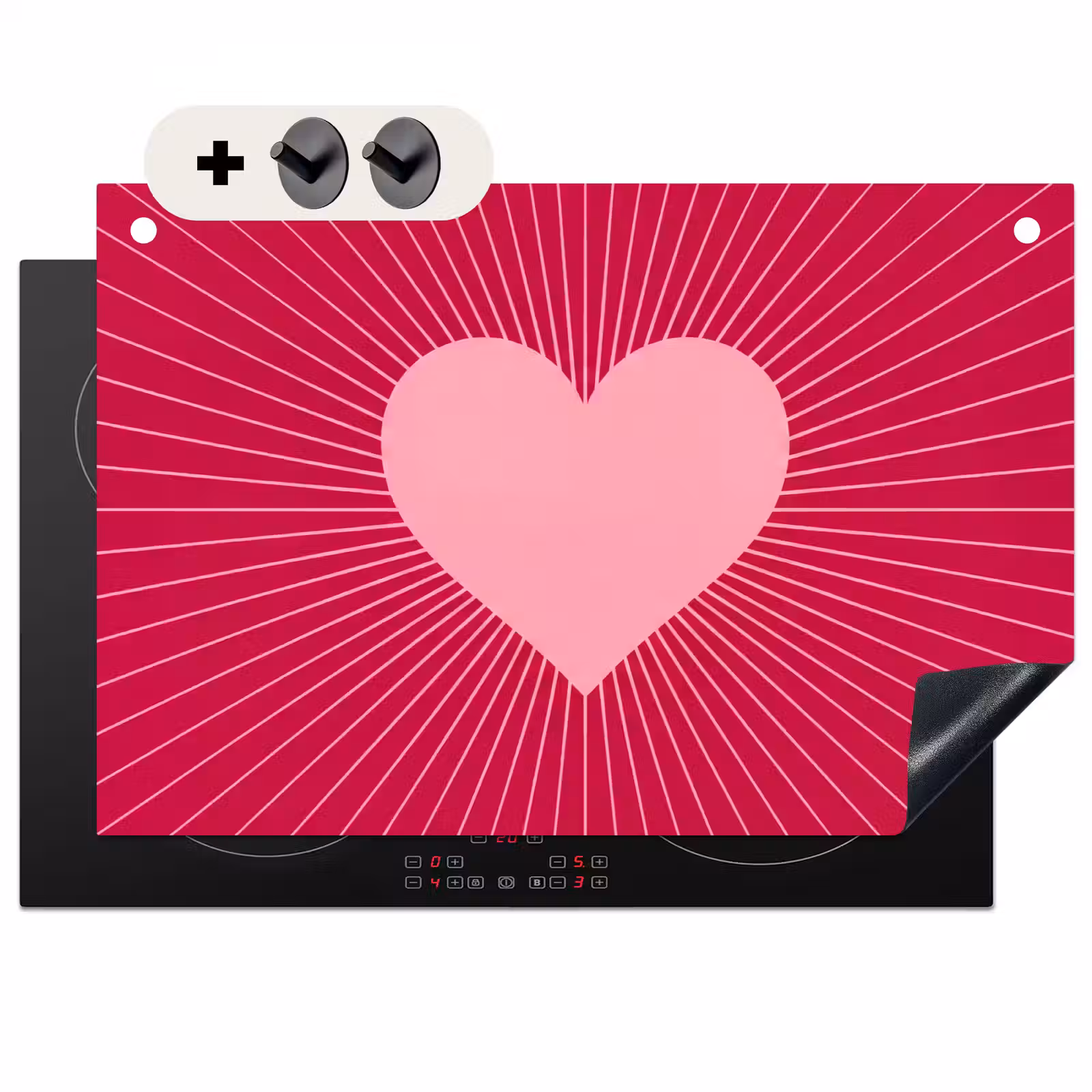 2-in-1 Herdabdeckplatte & Spritzschutz - Herz – Strahlen – Liebe – Abstrakt – Rosa — 1