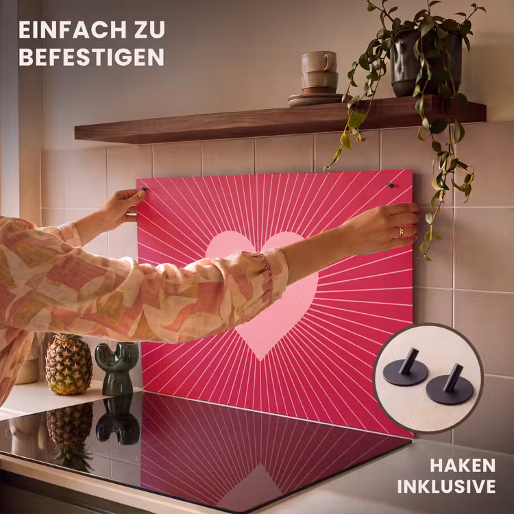 2-in-1 Herdabdeckplatte & Spritzschutz - Herz – Strahlen – Liebe – Abstrakt – Rosa — 7