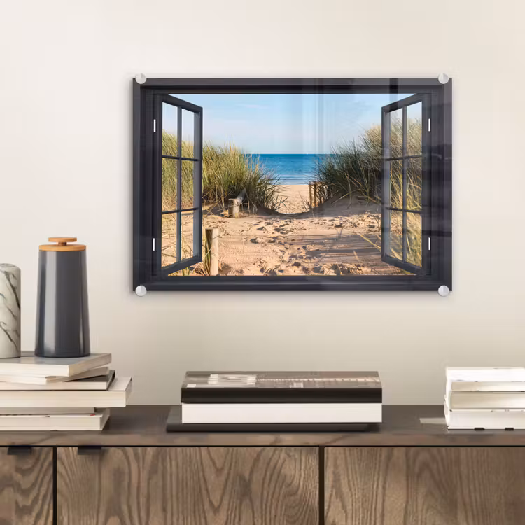 Glasbild - Durchblick - Strand - Meer - Sand - Wasser - Strandhafer - Dünen — 2