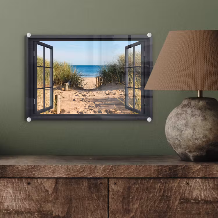 Glasbild - Durchblick - Strand - Meer - Sand - Wasser - Strandhafer - Dünen — 3