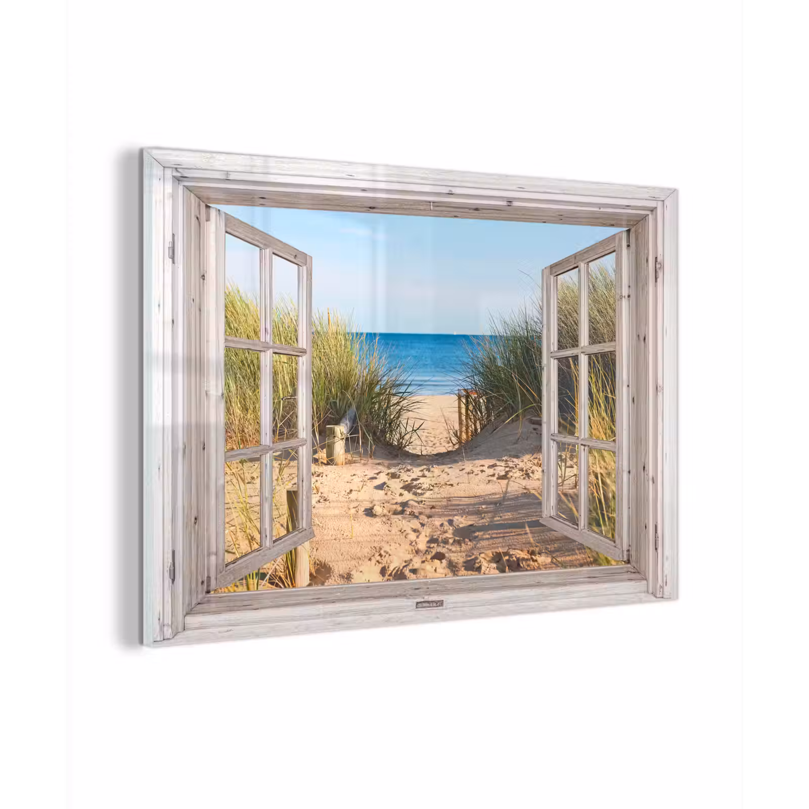 Glasbild - Durchblick - Strand - Meer - Dünen - Sand - Wasser - Hochgras — 1