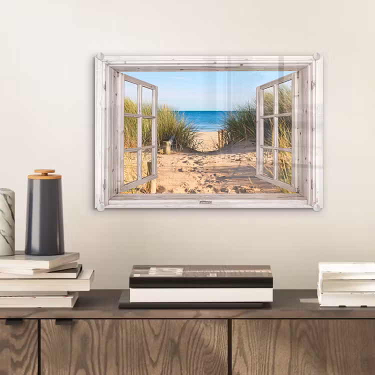 Glasbild - Durchblick - Strand - Meer - Dünen - Sand - Wasser - Hochgras — 2
