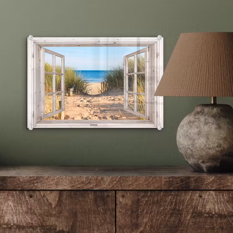 Glasbild - Durchblick - Strand - Meer - Dünen - Sand - Wasser - Hochgras — 3