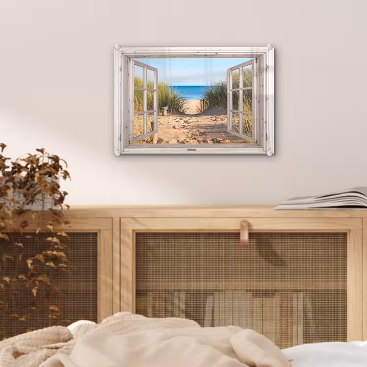 Glasbild - Durchblick - Strand - Meer - Dünen - Sand - Wasser - Hochgras — 4