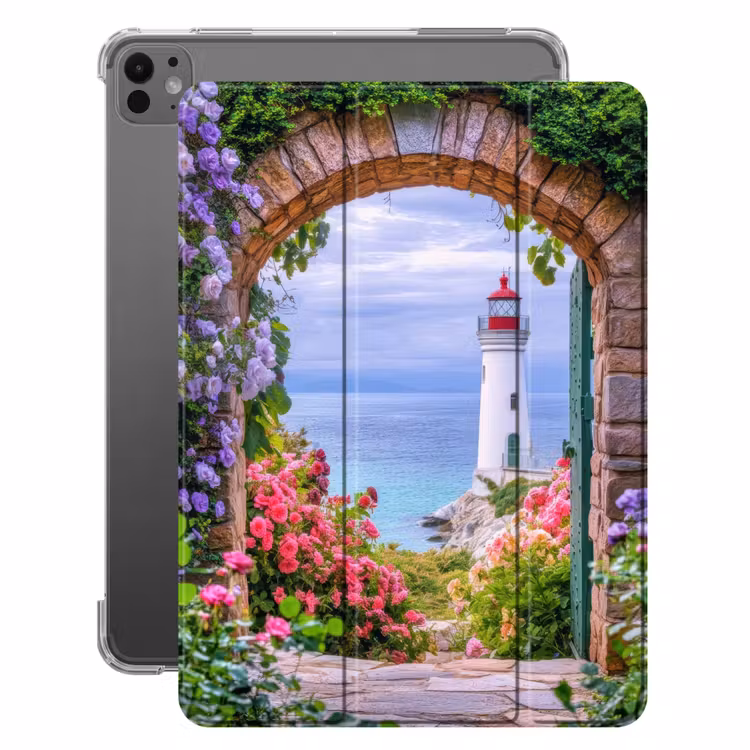 iPad-Hülle - Durchblick - Leuchtturm - Blumen - Aussicht — 1