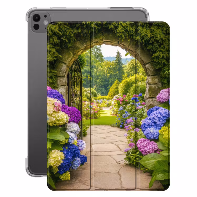 iPad-Hülle - Aussicht - Tor - Hortensie - Blumengarten — 1