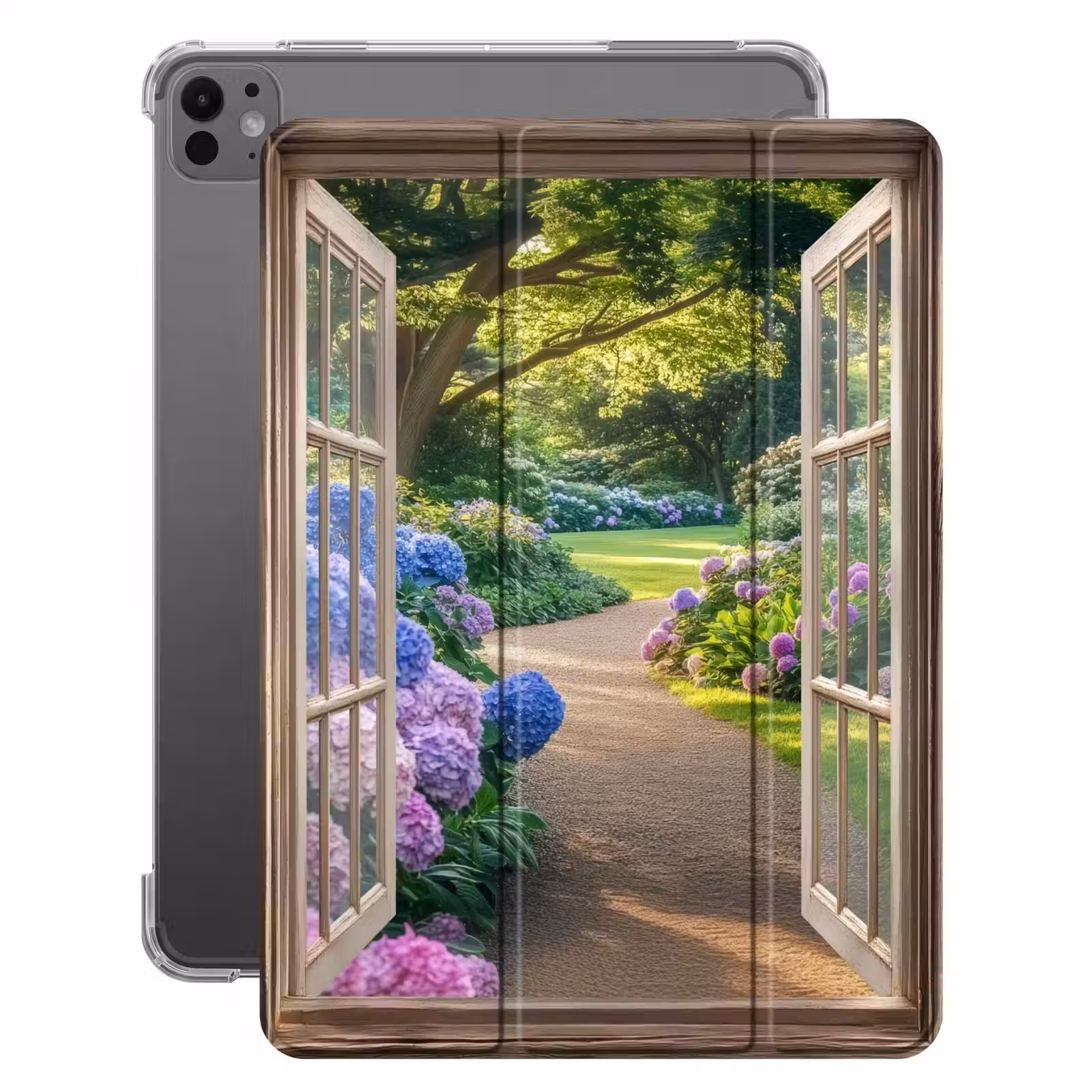 iPad-Hülle - Aussicht - Garten - Fenster - Hortensie - Blumen — 1