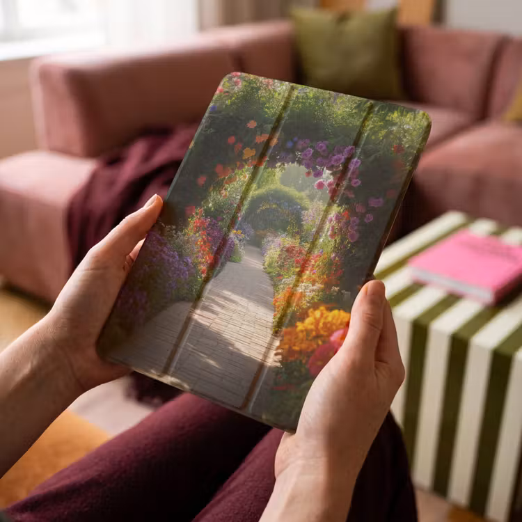 iPad-Hülle - Durchblick - Weg - Blumen - Strauch - Farbenfroh — 4