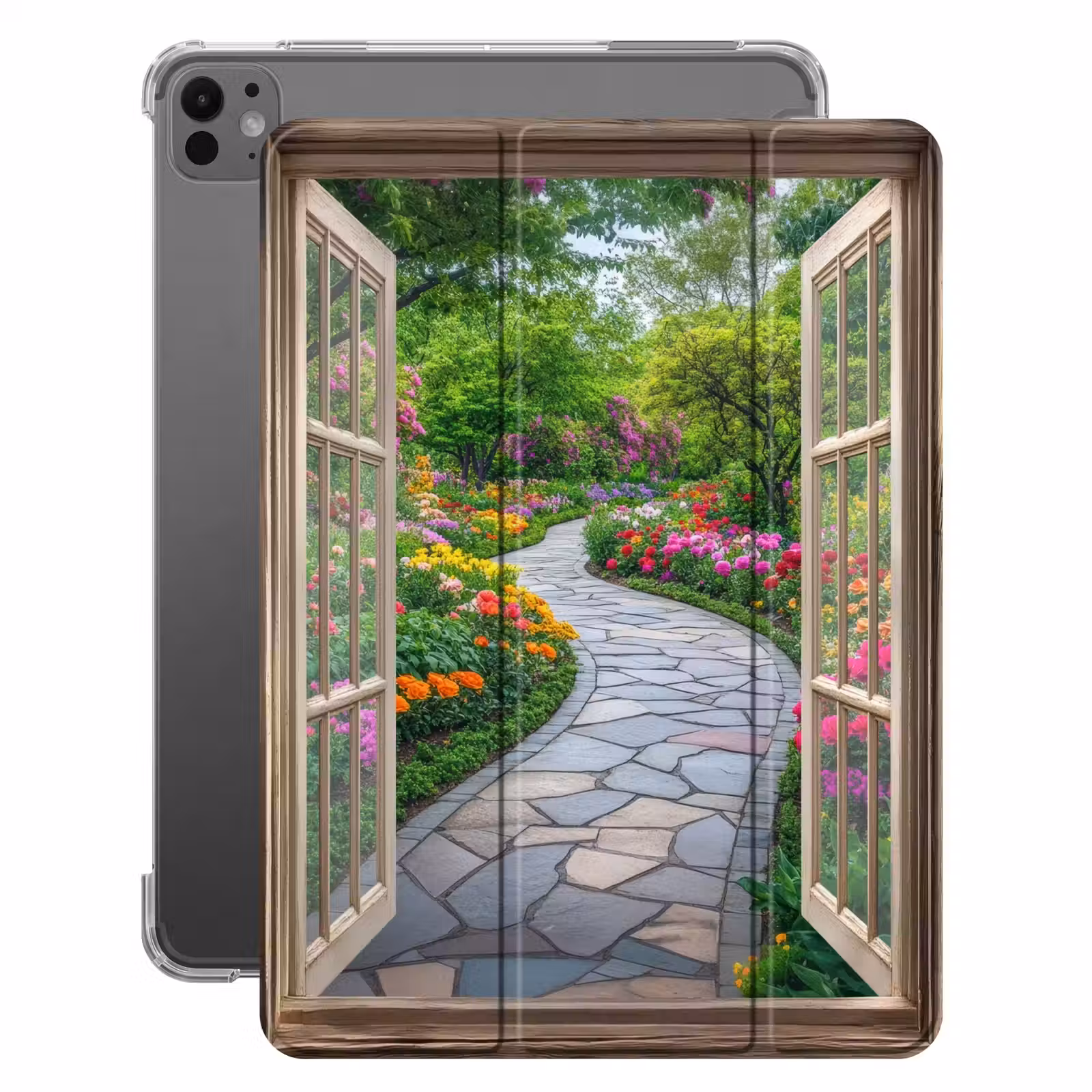 iPad-Hülle - Aussicht - Blumen - Gartenweg - Natur - Fenster — 1