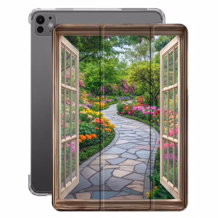 iPad-Hülle - Aussicht - Blumen - Gartenweg - Natur - Fenster — 1