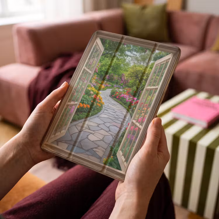 iPad-Hülle - Aussicht - Blumen - Gartenweg - Natur - Fenster — 4