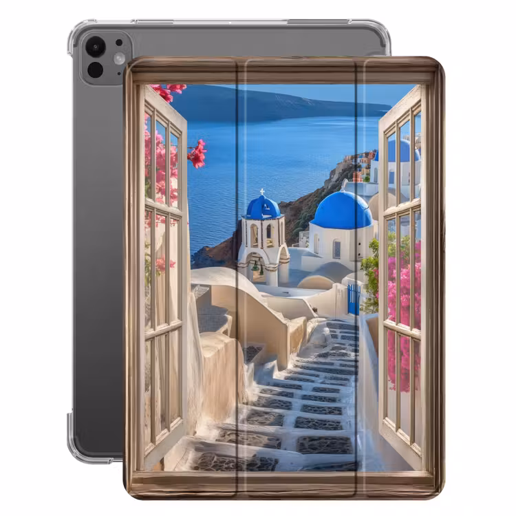 iPad-Hülle - Durchsichtig - Santorini - Landschaft - Blau - Griechisch — 1