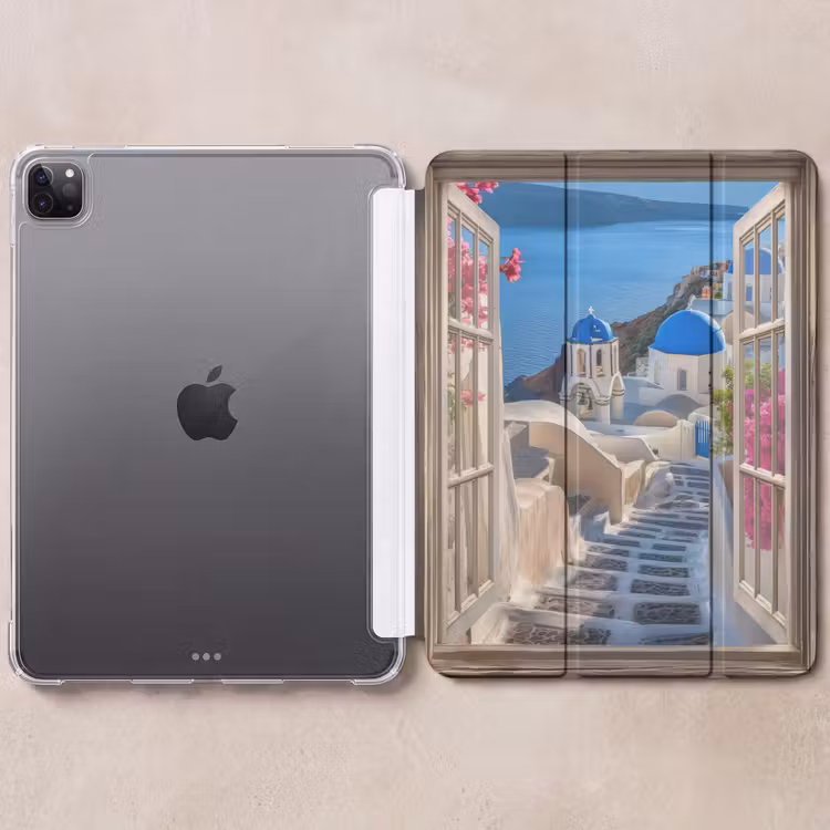iPad-Hülle - Durchsichtig - Santorini - Landschaft - Blau - Griechisch — 6