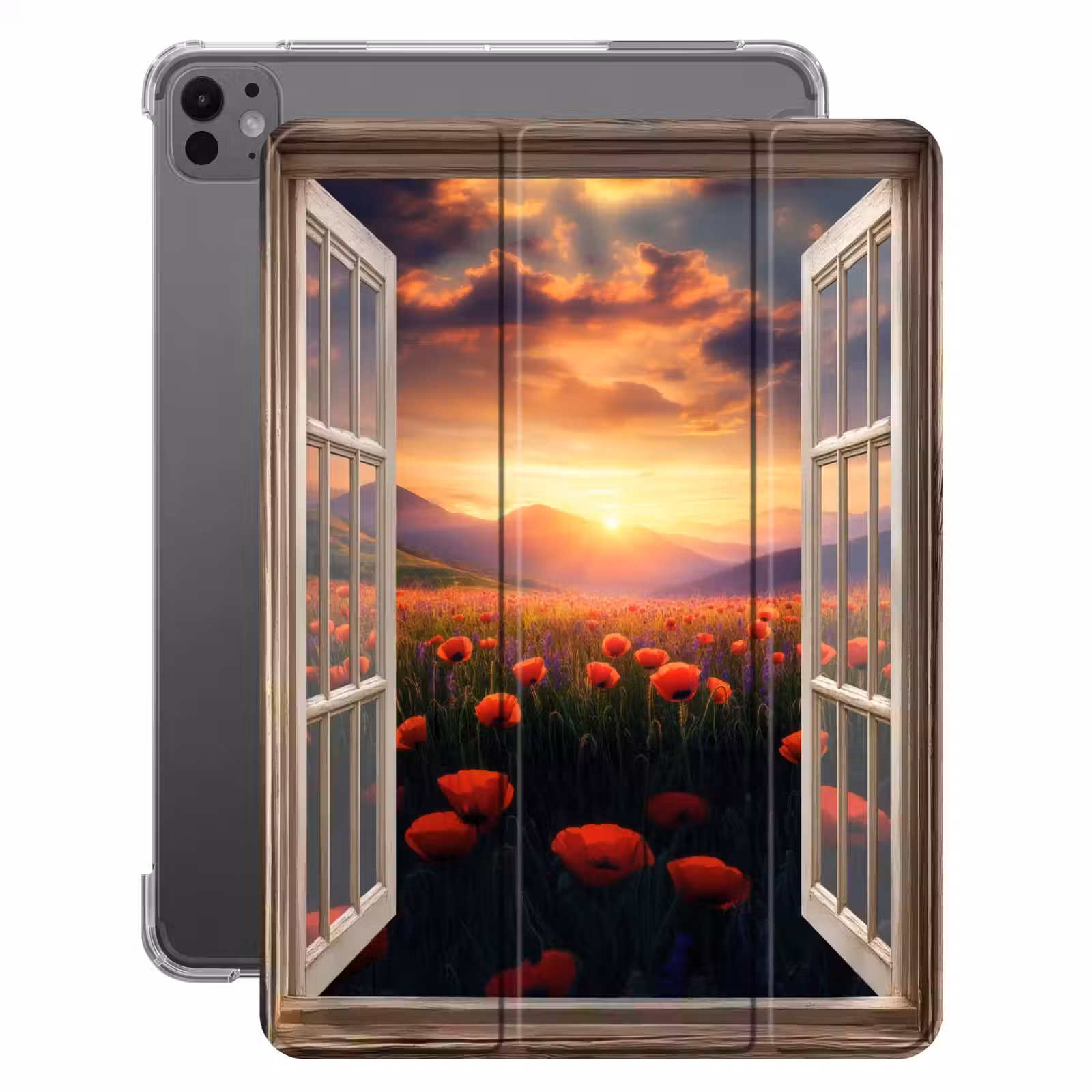 iPad-Hülle - Durchsichtig - Mohnblumen - Blumen - Rot - Offenes Fenster — 1