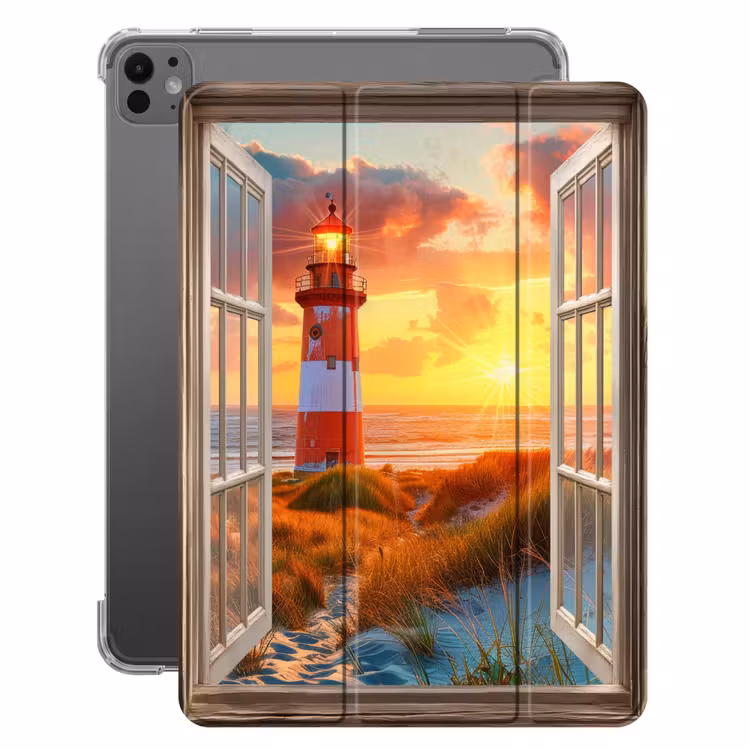 iPad-Hülle - Aussicht - Fenster - Leuchtturm - Sonnenuntergang - Strand — 1