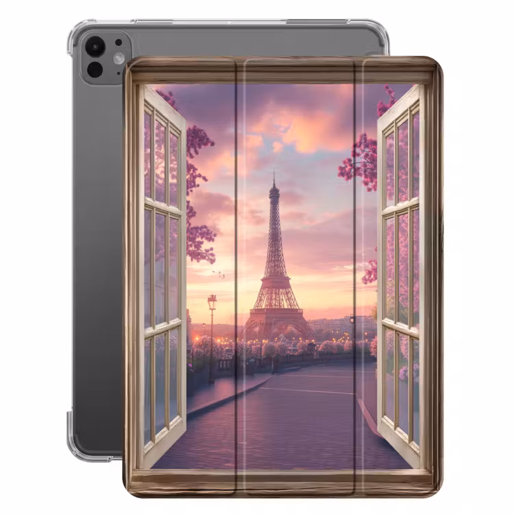 iPad-Hülle - Durchsichtig - Paris - Eiffelturm - Rosa - Kirschblüte — 1