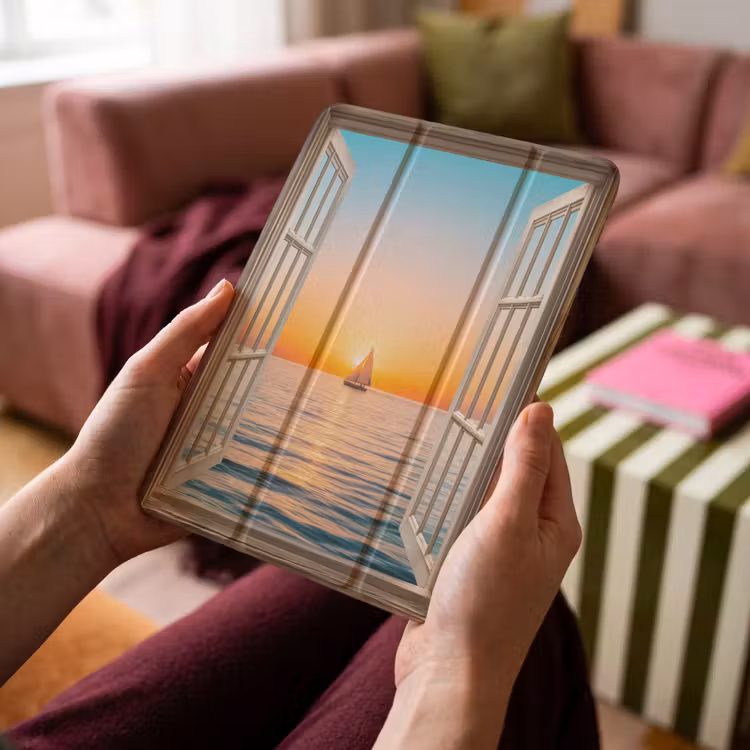 iPad-Hülle - Transparenter Blick - Meer - Boot - Sonnenuntergang — 4