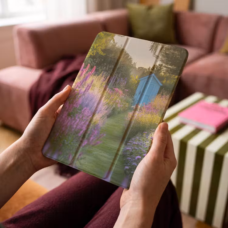 iPad-Hülle - Gartenhaus - Blau - Blumen — 4