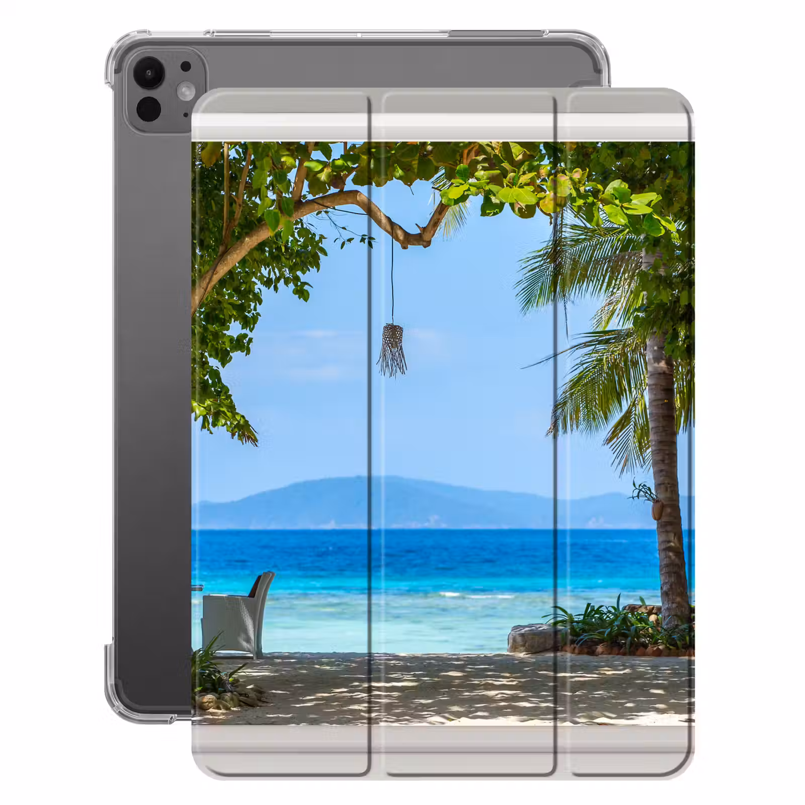 iPad-Hülle - Aussicht - Baum - Meer - Palme - Hügel - Strand - Blau — 1