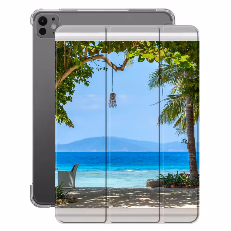 iPad-Hülle - Aussicht - Baum - Meer - Palme - Hügel - Strand - Blau — 1