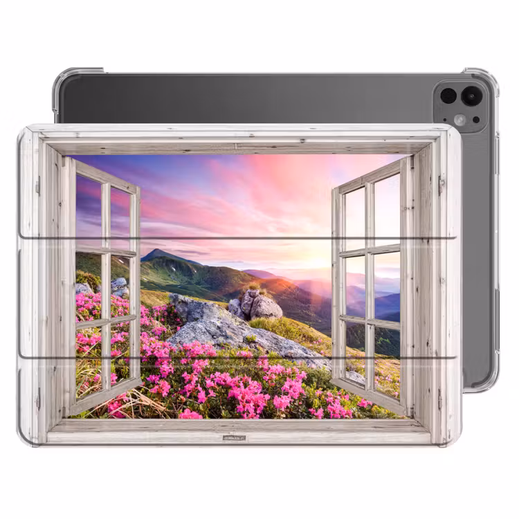 iPad-Hülle - Berge - Landschaft - Aussicht - Blumen - Abend - Rosa — 1