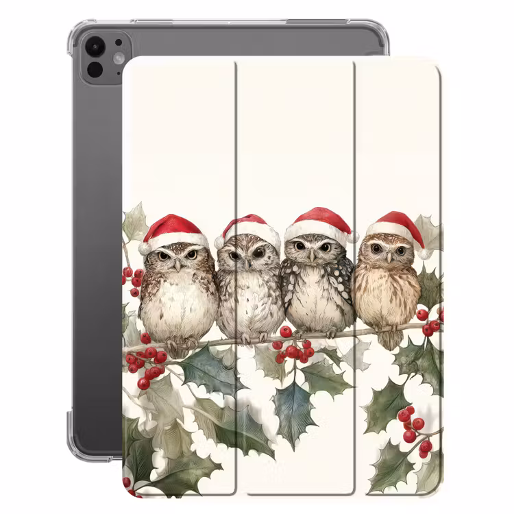 iPad-Hülle - Eulen - Zweig - Stechpalmenblätter - Weihnachtsmannmütze — 1