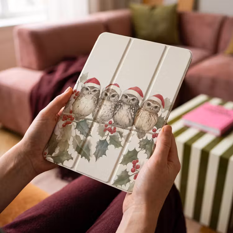 iPad-Hülle - Eulen - Zweig - Stechpalmenblätter - Weihnachtsmannmütze — 4