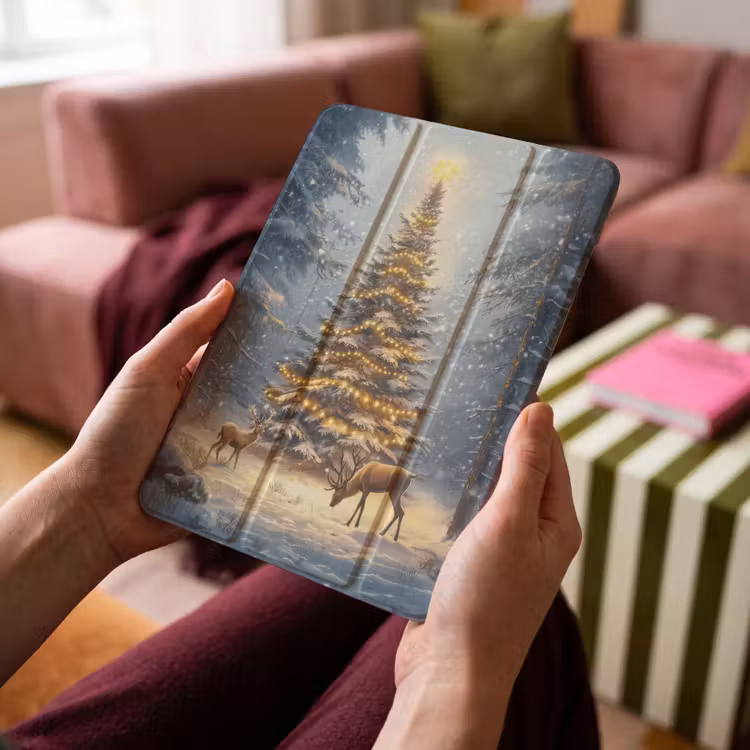 iPad-Hülle - Weihnachtsbeleuchtung - Wald - Hirsche - Dunkelheit — 4