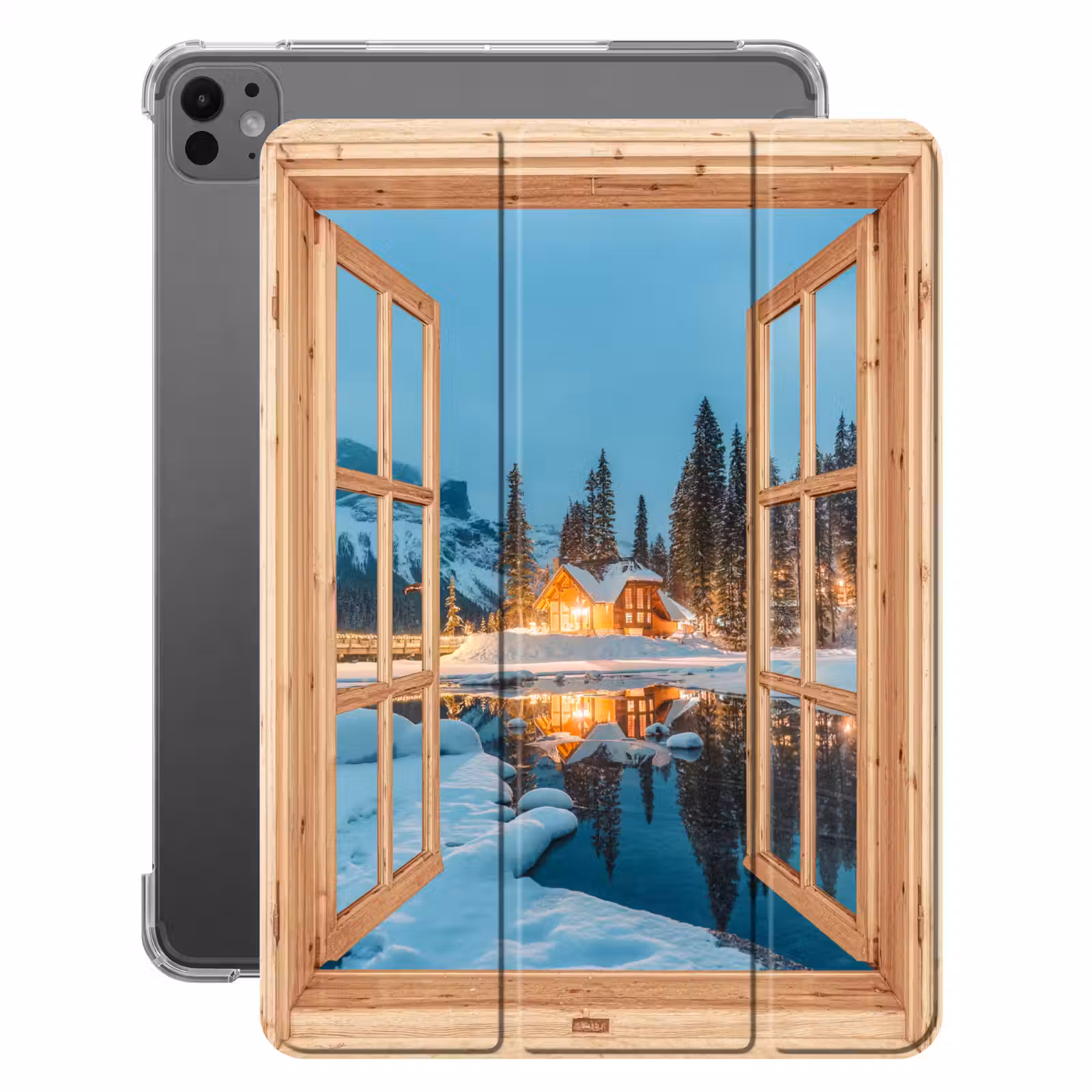iPad-Hülle - Winterlandschaft - Natur - Haus - Berge - Aussicht - Fenster — 1